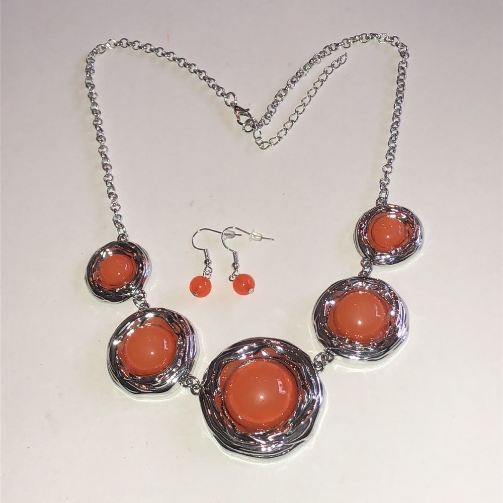 Silver Tone Orange Statement Necklace and Earring Set